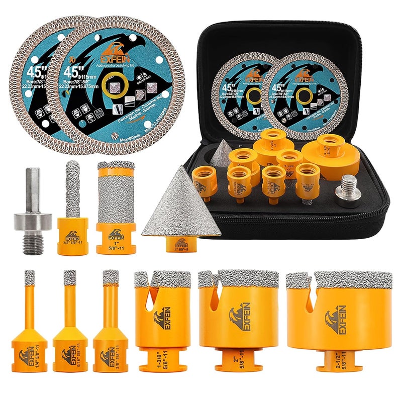 EXFEIN Diamond Tile Hole Saw Kit 12pcs - 6/8/10/25/35/50/65mm Core Drill Bits,10mm Milling Bit and 2" Chamfer Bit with Hex Adapter and 4.5" 2pcs Diamond Blade and for Tile Porcelain Marble - Image 1